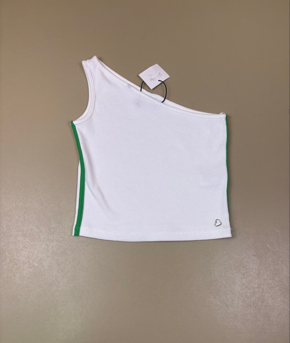 White One Shoulder Crop Top Green Side Stripe Zara Girls 13-14 NWT Y2K